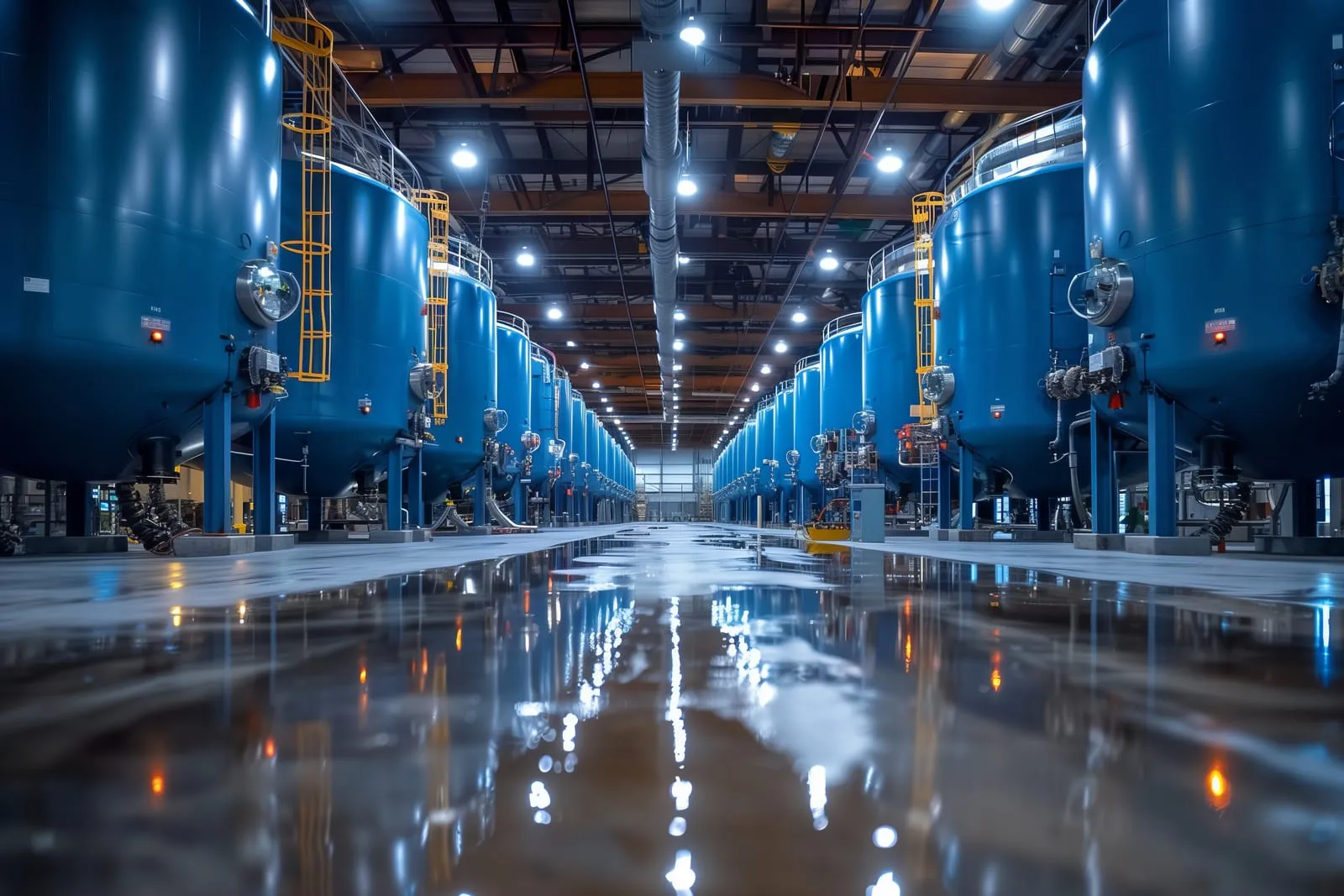 Große Industrieanlage mit mehreren blauen Tanks und Rohrleitungen