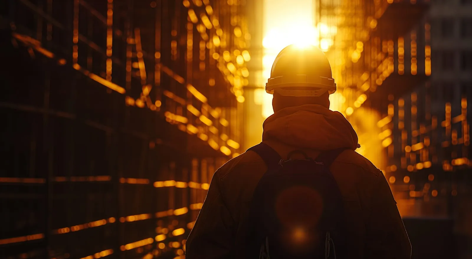 Ein Mann steht im Gegenlicht mit Helm auf einer Baustelle