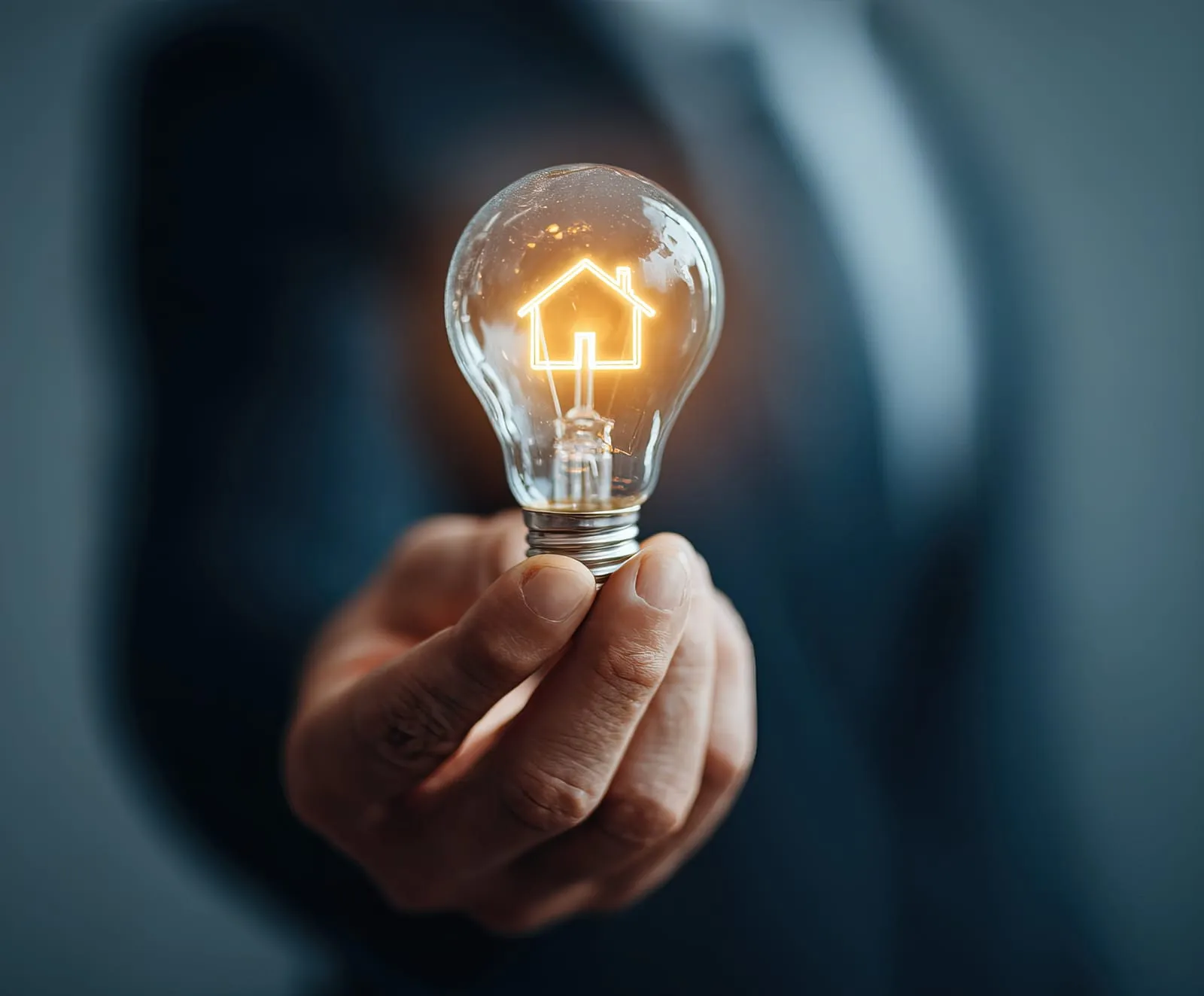 Mann hält eine Glühbirne mit Glühdraht in Form eines Hauses in der Hand