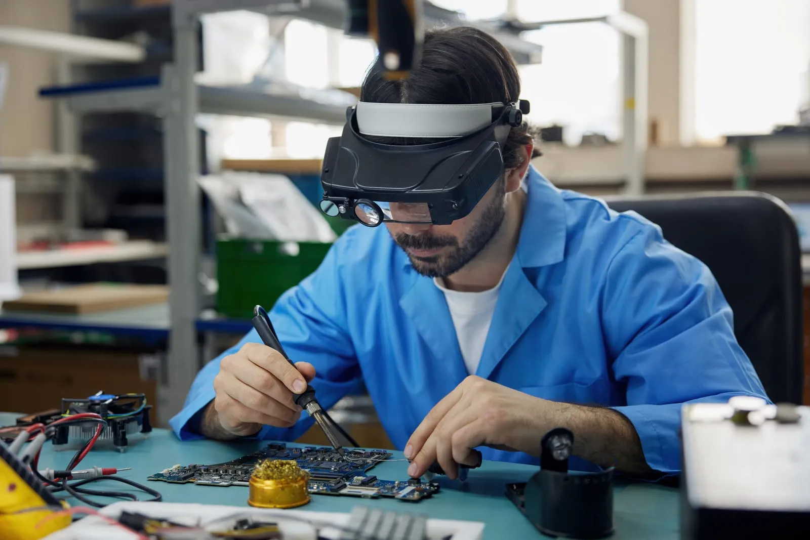 Ein Mann sitzt mit seiner Vergrößerungsbrille an seinem Arbeitsplatz und lötet etwas auf der Arbeitsfläche