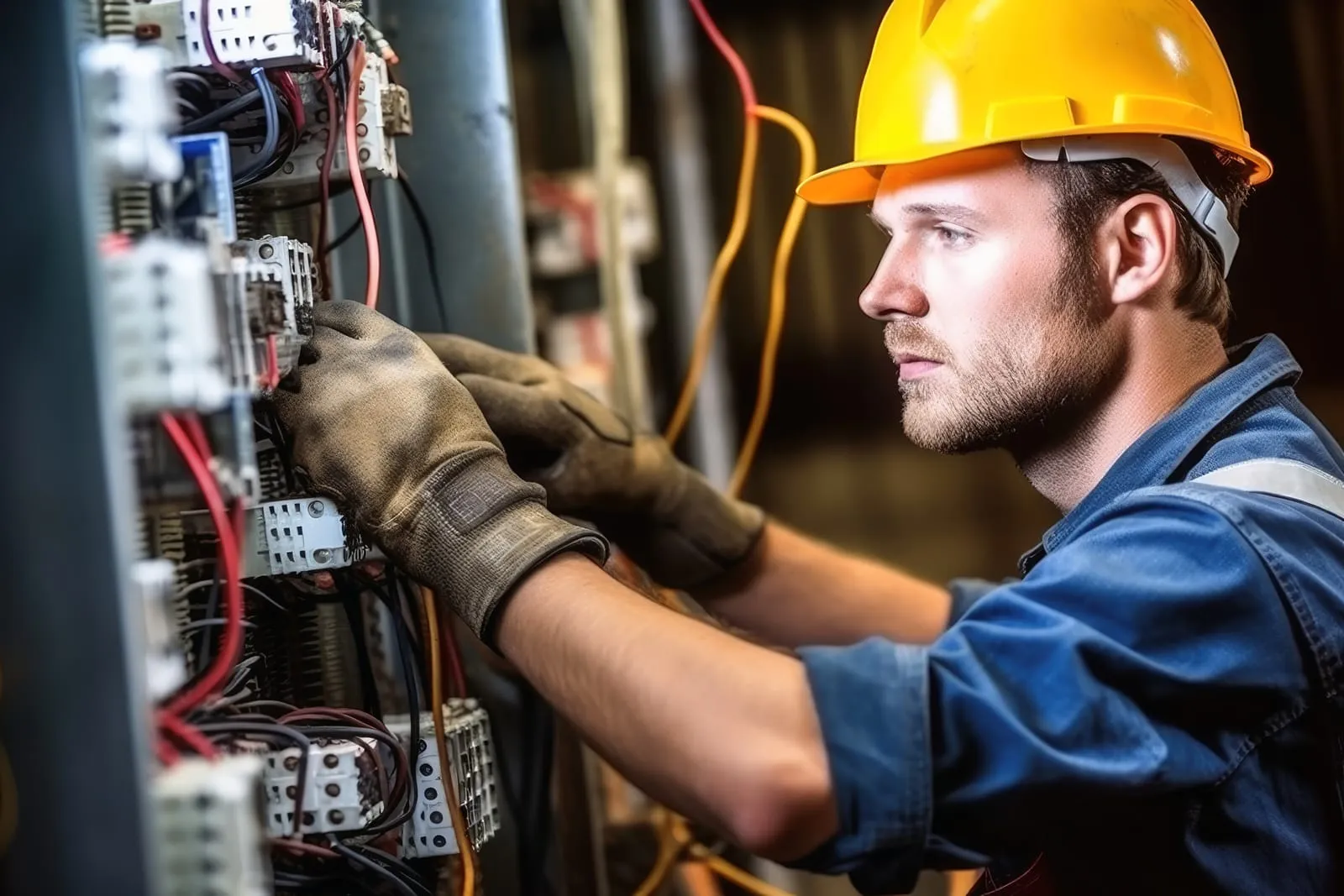 Ein Elektrotechniker überprüft die Verkabelung eines Schaltsschranks