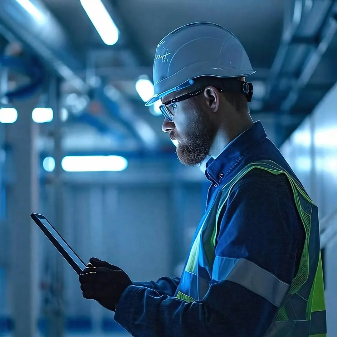 Servicetechniker arbeitet konzentriert am Tablet - im Hintergrund sieht man eine offenen Anlage