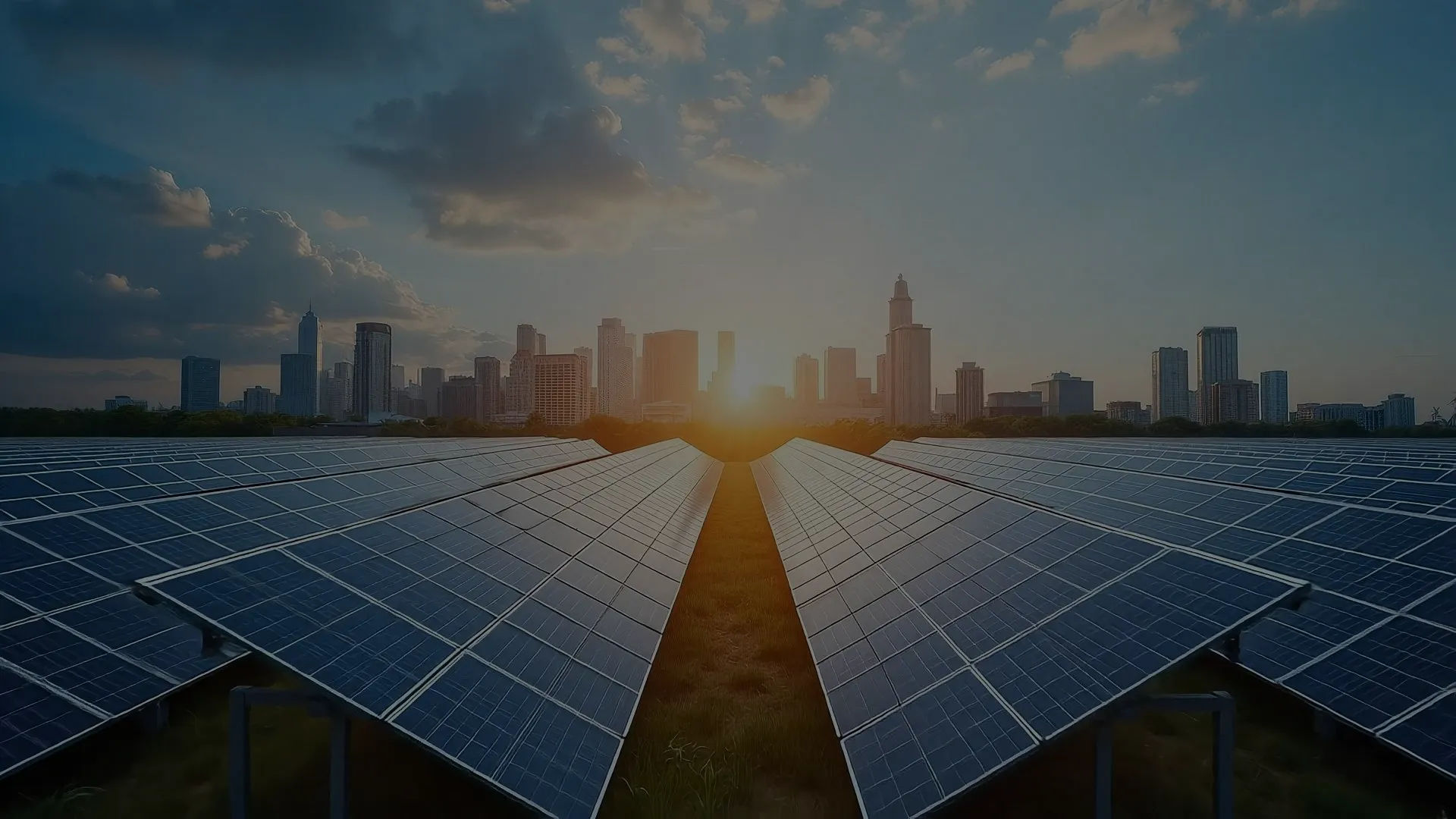 Eine Photovoltaikanlage bei Sonnenuntergang vor der Kulisse einer Großstadt