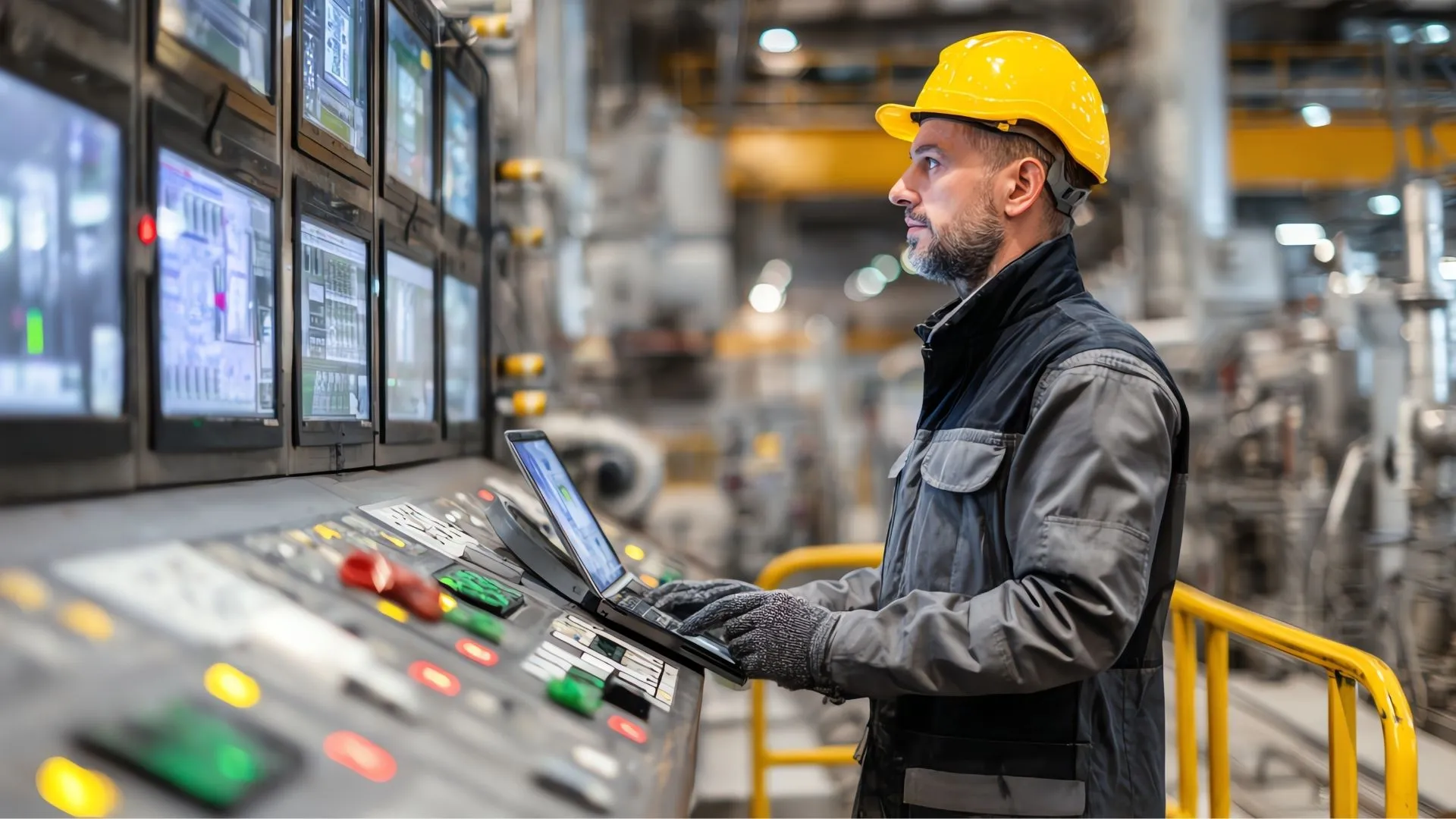 Ein Servicetechniker überprüft die Werte einer Industrieanlage und an seinem Laptop