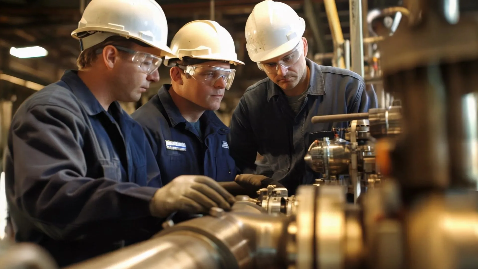 Ein Team von Technikern steht vor einer Produktionsanlage.