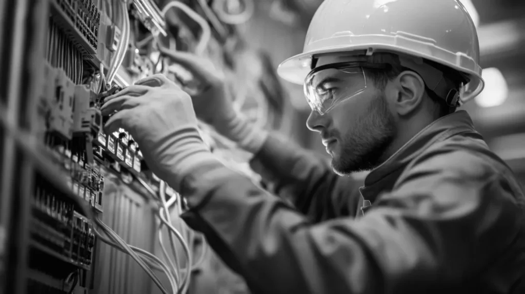Ein junger Servicetechniker arbeitet konzentriert an einem Schaltschrank