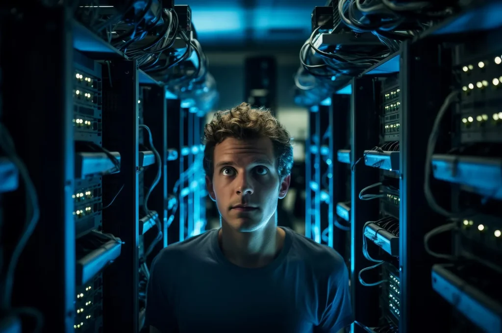 Ein Mann steht zwischen Server-Racks und blickt nach oben