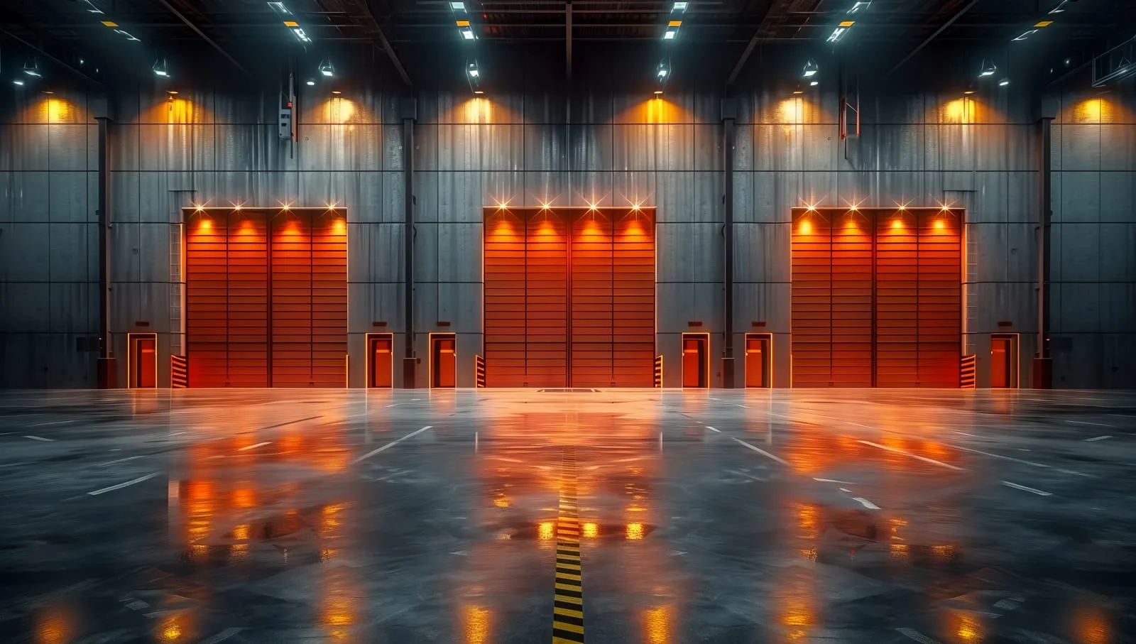 Leere Industriehalle mit drei Toren, vorbereitet für elektrotechnische Anlagen und Installationen