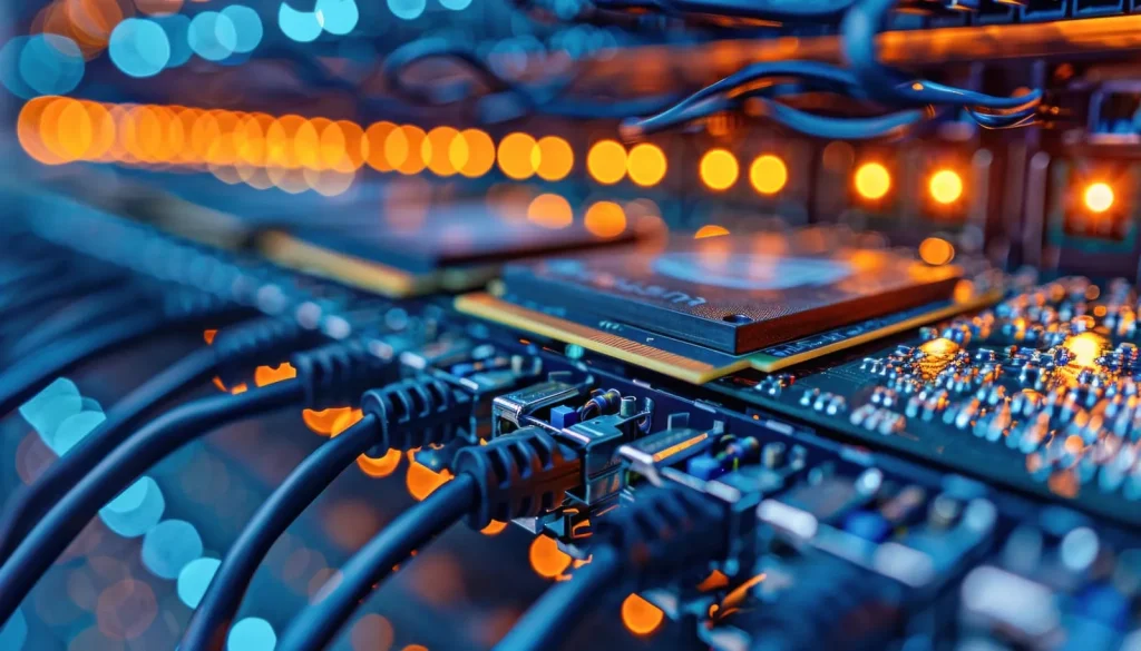 Netzwerkhub mit angeschlossenen Ethernetkabeln in Nahaufnahme