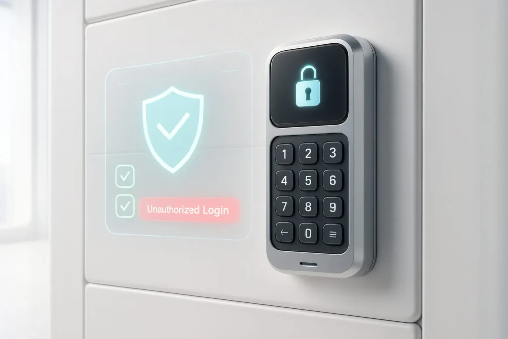 Zugangssystem an einer Tür markiert - mit einem Sicherheitsschloss als Symbol, dass alles in Ordnung ist