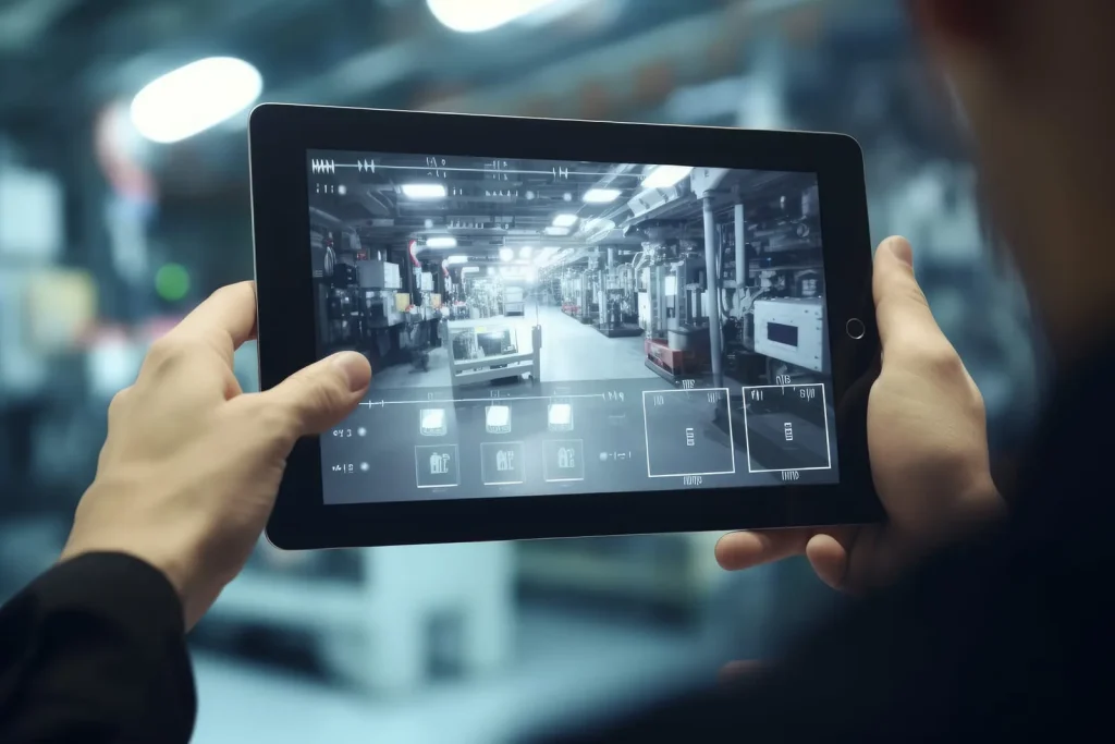 Eine Person hält ein Laptop in der Hand und überprüft den Lagerraum seiner Firma