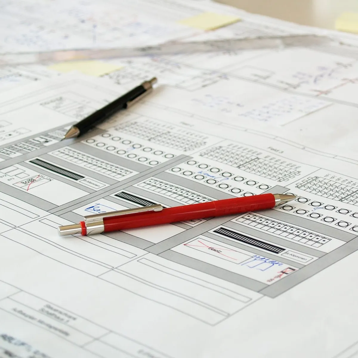 Schaltplan auf Tisch mit Stift und Notizen