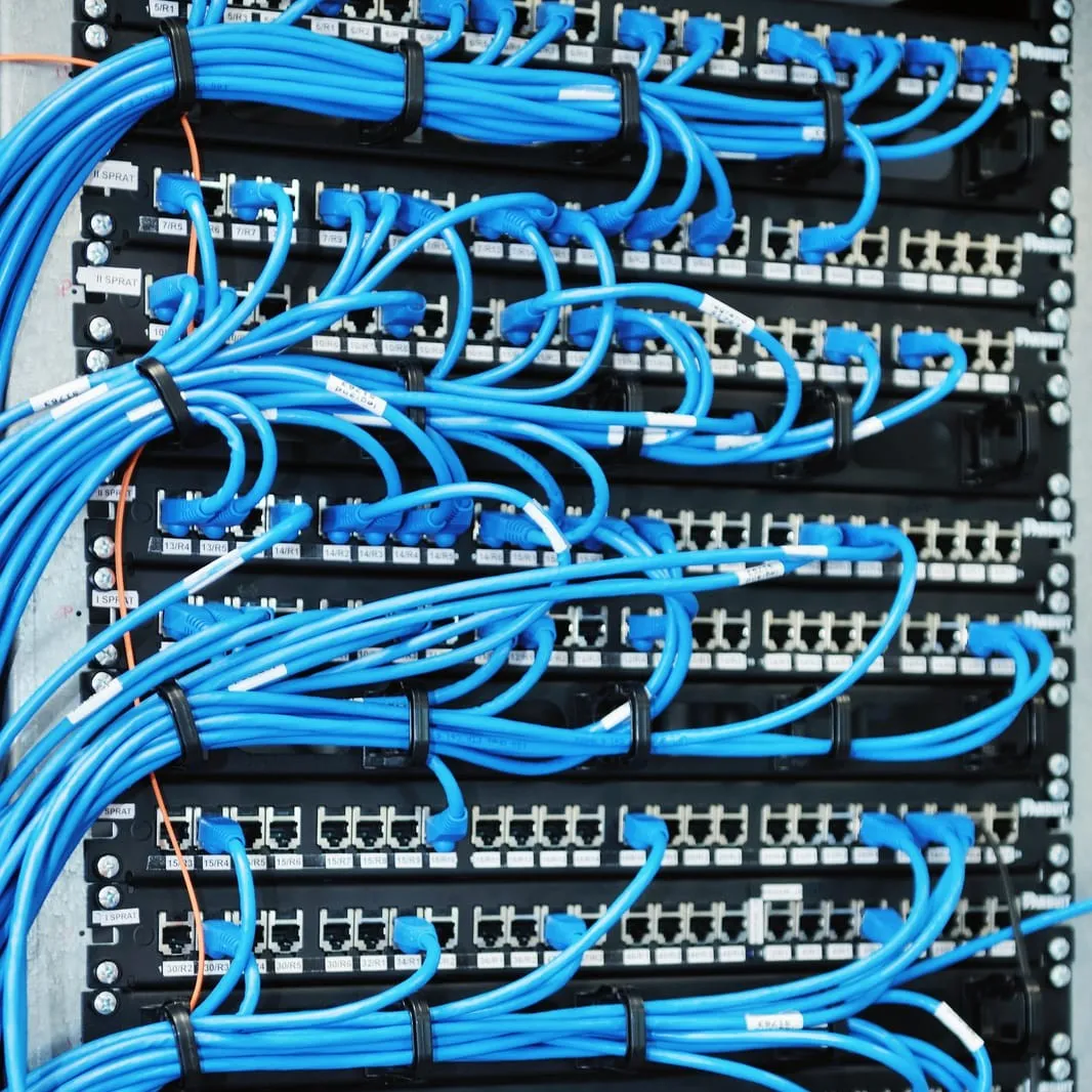 Großbildaufnahme von Steckverbindungen eines Netzwerkschranks