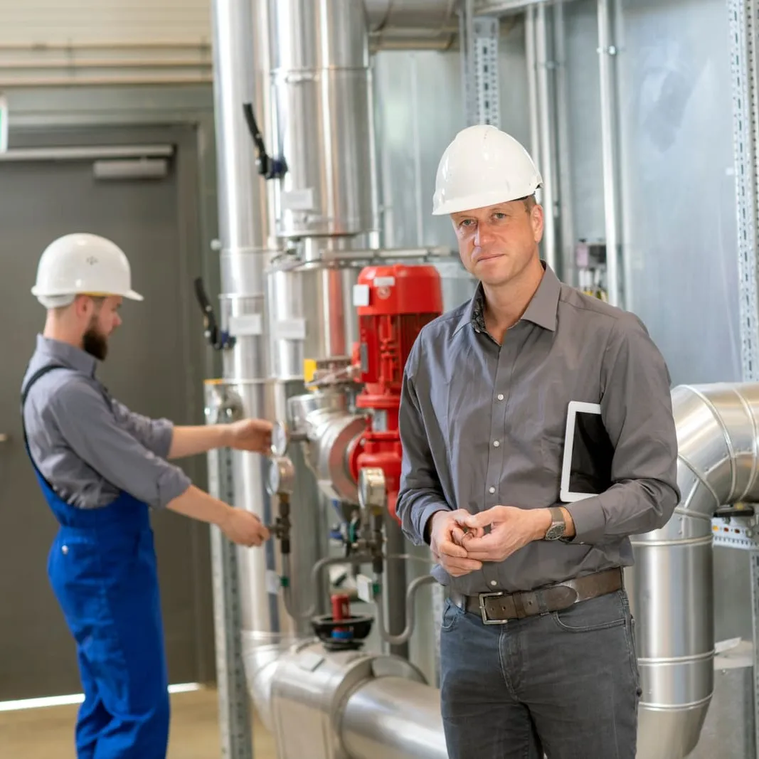 Ein Architekt steht mit seinem Tablet vor einer Anlage. Im Hintergrund sieht man einen Techniker, der die Einstellungen prüft.