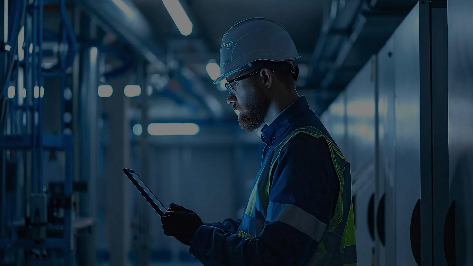 Servicetechniker arbeitet mit seinem Tablet konzentriert an einer offenen Anlage