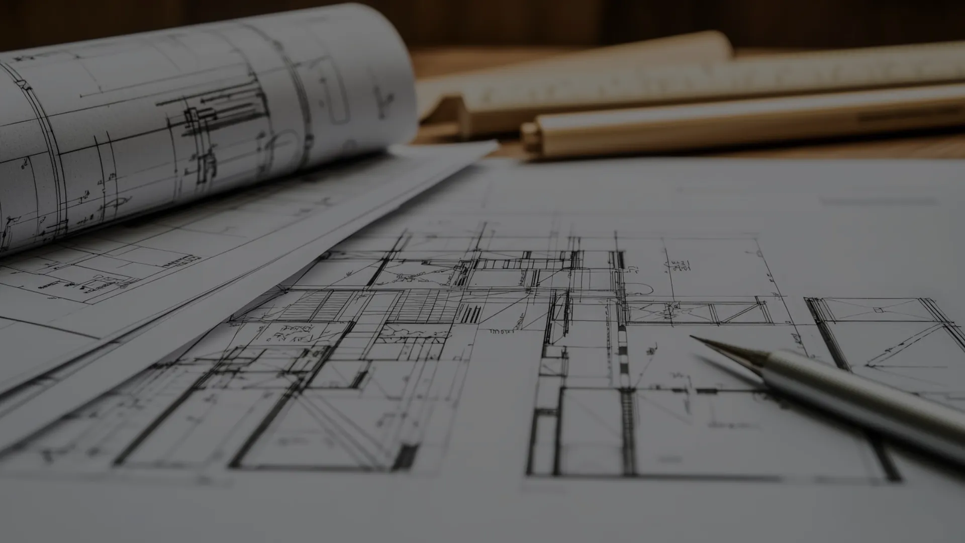 Bauplanrolle auf Tisch, Maßstab und Notizen daneben