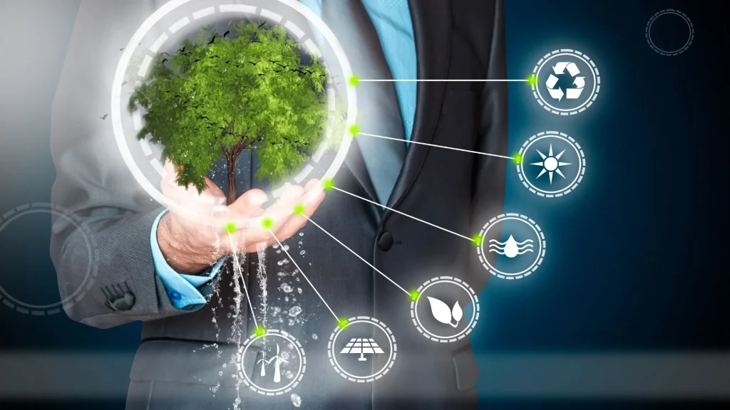 Ein Mann hält einen grünen Baum auf dunklem Hintergrund – Symbol für nachhaltige Ideen