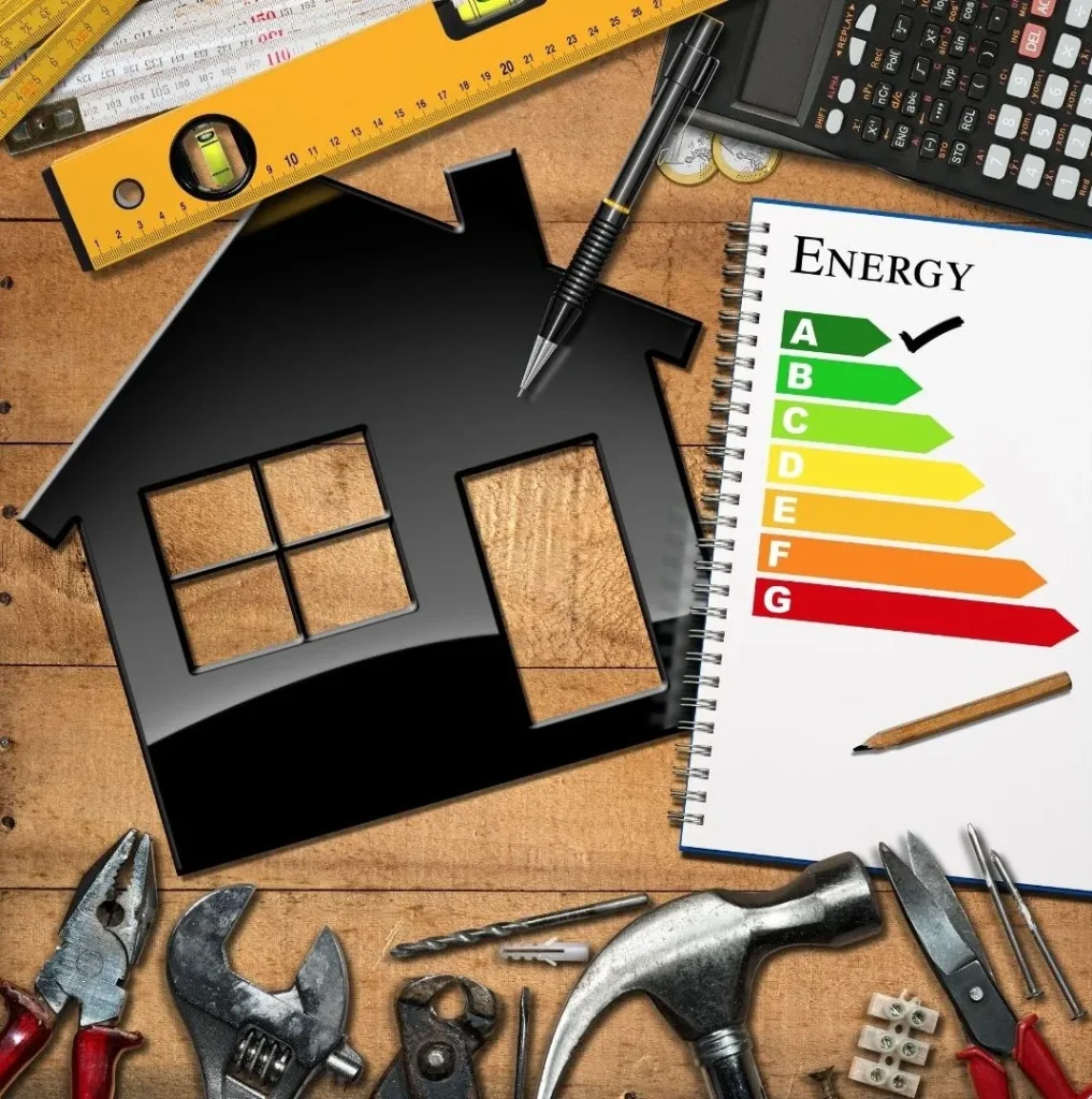 Energieklassen-Skala von A+ bis G neben Wohnhaus dargestellt als Kollage mit Werkzeug auf einem Tisch