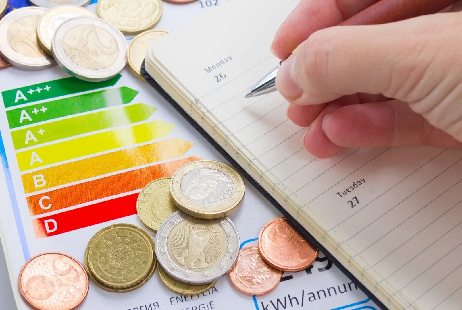 Eine Hand trägt in ein Notizbuch etwas ein - neben ihr liegt eine Energieskala von A+++ bis D und darauf liegen einige Euro-Münzen verstreut.