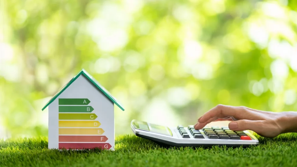 Ein kleines Haus mit einer Energieskala von A bis G steht auf einem Rasen. Daneben befindet sich eine Hand, die auf einem Taschenrechner etwas ausrechnet.