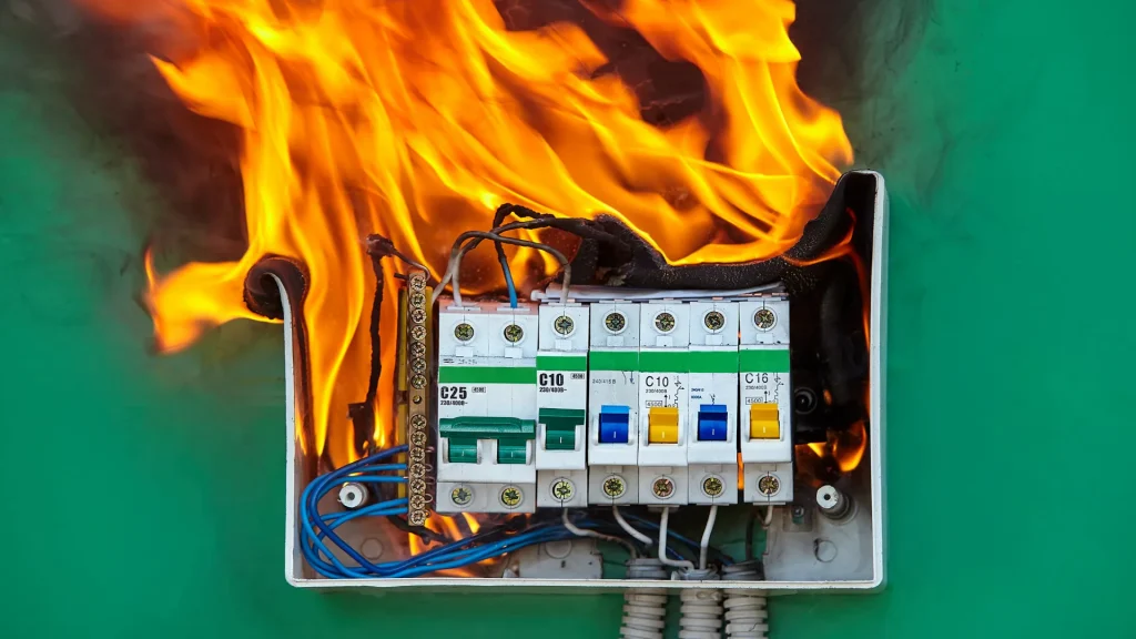 Sicherungskasten in Brand geraten, Flammen sind sichtbar