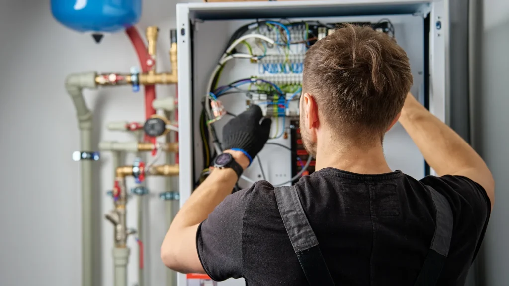 Elektrotechniker verbindet Drähte in einem Stromkasten