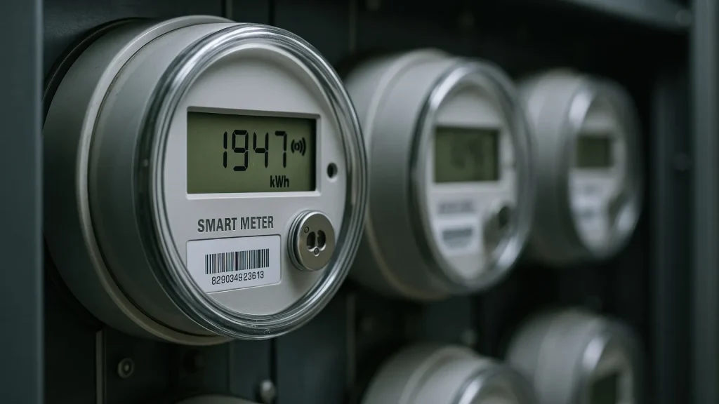 Nahaufnahme eines modernen Smart Meters mit digitalem Display und präziser Anzeige