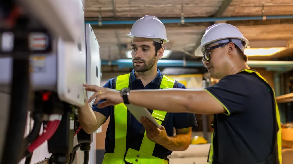 Zwei Elektrotechniker überprüfen gemeinsam an einem Schaltschrank
