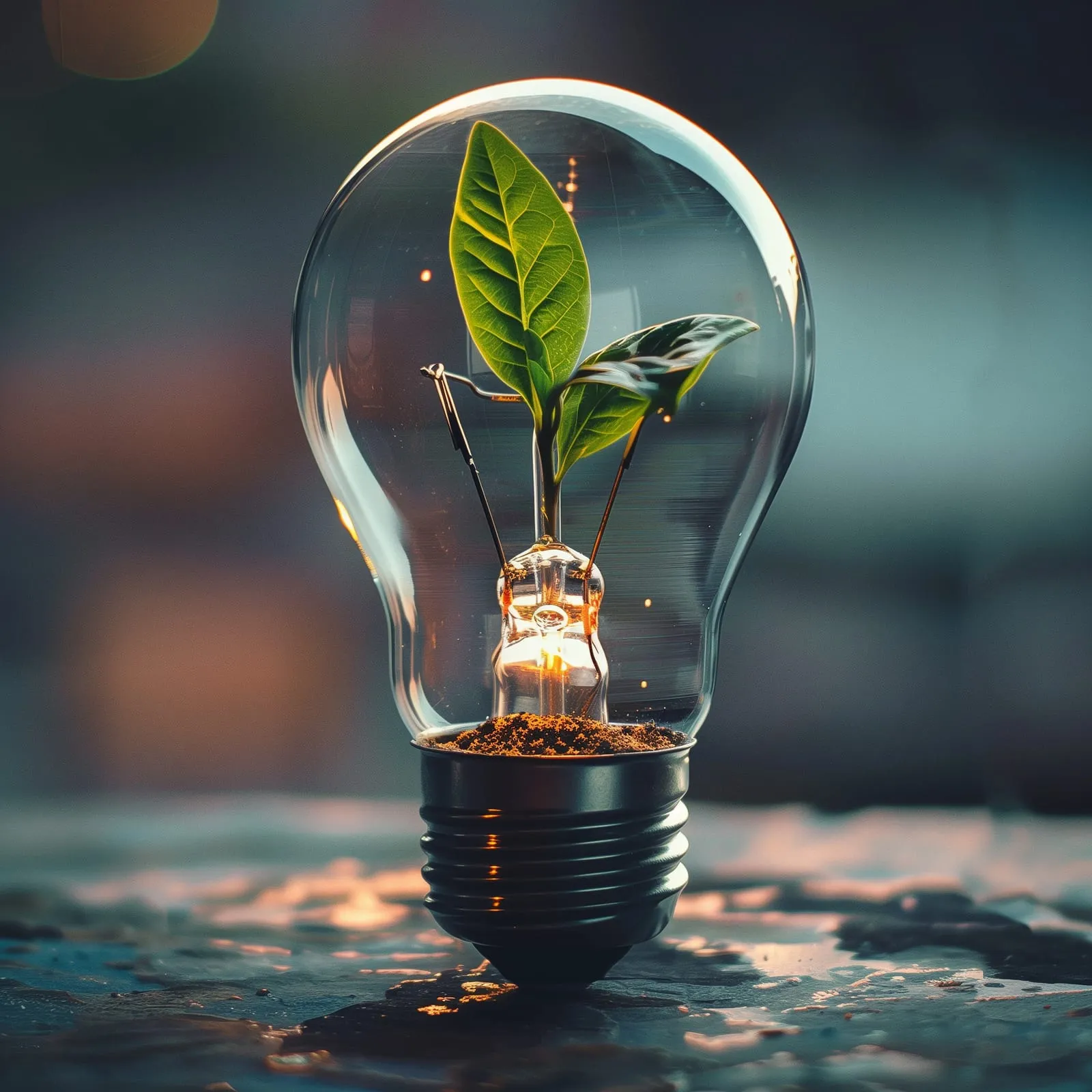 Nachhaltige Stromproduktion stilisiert durch eine Glühbirne mit Blättern in ihrem Inneren