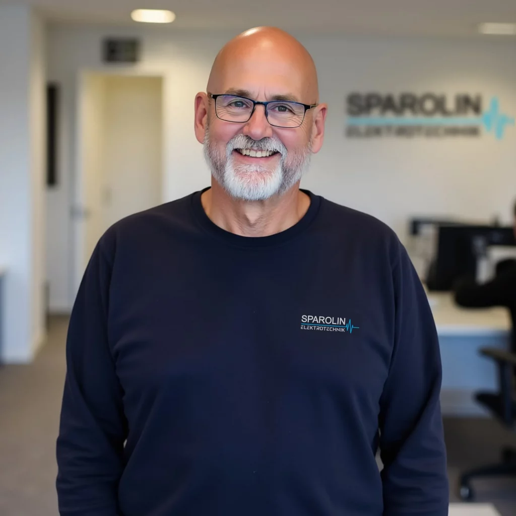 Der Geschäftsführer von Sparolin-Elektrotechnik Thorsten Sparolin steht lächelnd vor einer Wand mit dem Firmenlogo und blickt in die Kamera