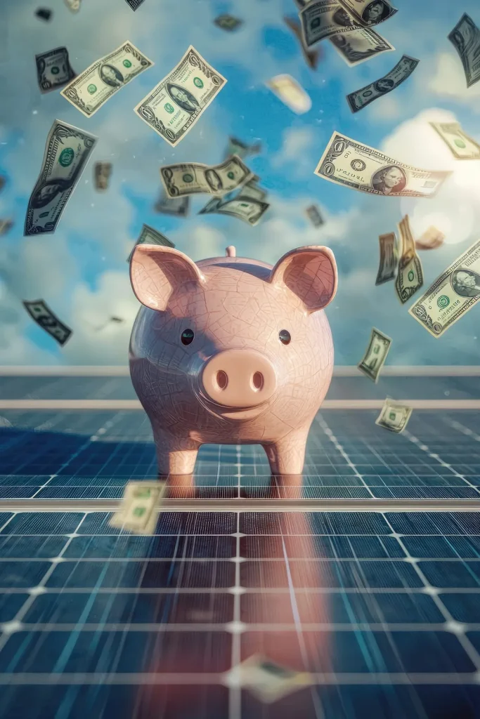 Ein Sparschwein steht auf einer Photovoltaikanlage und in der Luft wirbeln verschiedene Geldscheine umher.