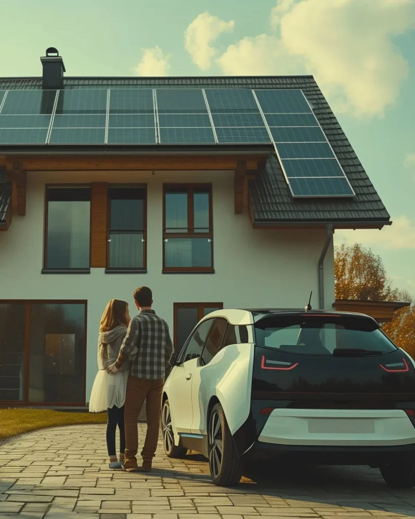 Eine junge Paar steht vor ihrer Doppelhaushälfte mit Photovoltaikanlage und neben ihnen parkt ihr E-Auto
