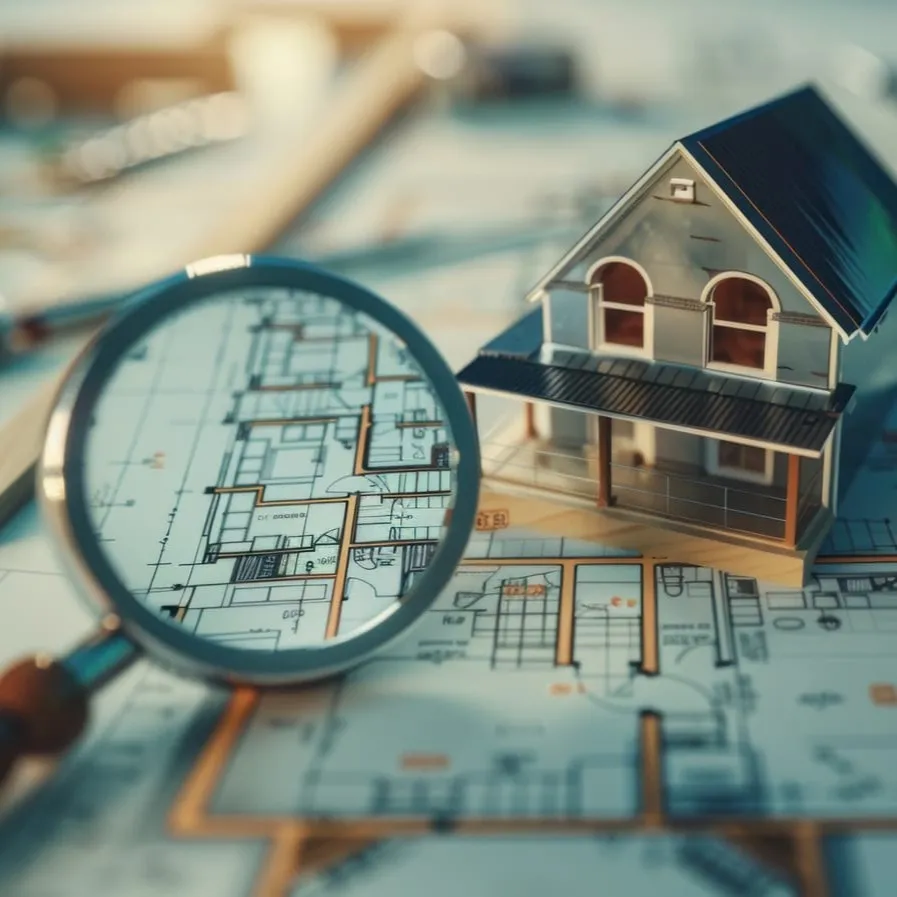 Ein Haus steht auf einem Bauplan - eine Lupe vergrößert einen Teil des Bauplans