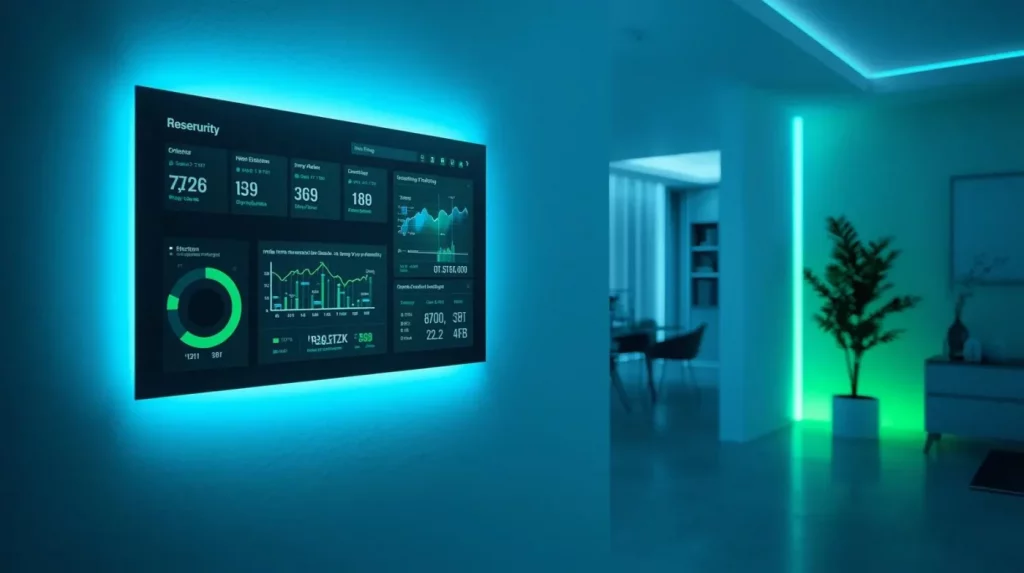 Modernes Smart-Home-Bedienfeld an der Wand eines Wohnhauses. Im Hintergrund sind eine gemütliche Essecke, ein Sideboard und eine Pflanze zu sehen, die in stimmungsvolles Licht getaucht sind. Unterschiedliche Farbschattierungen in den einzelnen Räumen zeigen, wie intelligente Beleuchtungskonzepte Atmosphäre schaffen und sich flexibel an Tageszeit, Stimmung und Nutzung anpassen lassen.