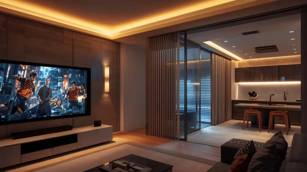 Offener Wohnraum mit großem Fernseher und stimmungsvoller Deckenbeleuchtung auf der linken Seite sowie einem Küchentresen und Esstisch auf der rechten Seite. Unterschiedliche, smart gesteuerte Lichtstimmungen sorgen in allen Bereichen für eine angenehme Atmosphäre. Das Bild zeigt, wie moderne Smart-Home-Beleuchtung Wohnkomfort, Design und Funktionalität miteinander verbindet.