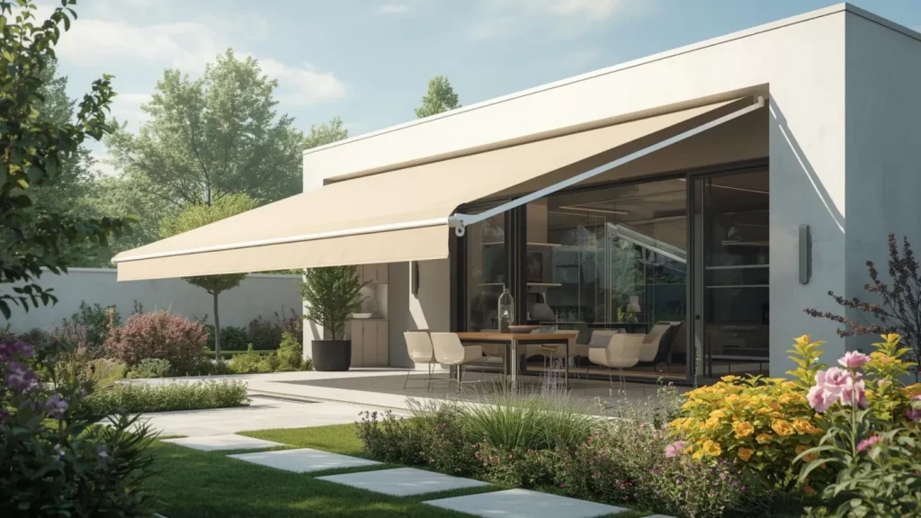 Wohnhaus vom Garten aus gesehen mit einer Terrasse, auf der eine Sitzgruppe mit Tisch steht. Darüber ist eine ausgefahrene Markise zu sehen, die sich smart steuern lässt. Das Motiv steht für moderne Beschattungslösungen, die sich automatisch an Sonne, Wetter und Tageszeit anpassen und so für angenehme Temperaturen, Schutz und zusätzlichen Komfort im Außenbereich sorgen.