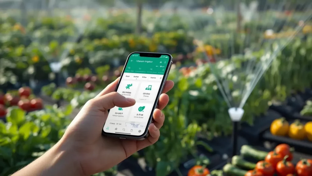 Eine Hand hält ein Smartphone zur Steuerung der Gartenbewässerung, während im Hintergrund ein Sprinkler automatisch Gemüsebeete bewässert. Unscharf sind Tomaten und weitere Gemüsesorten zu erkennen. Das Bild steht für smarte Bewässerungslösungen, die sich bequem per App steuern lassen und den Garten bedarfsgerecht, effizient und wassersparend versorgen.