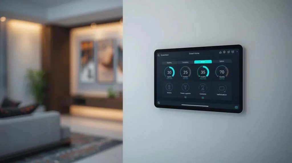 Ein smartes Wand-Bedienfeld im Vordergrund steuert die Beleuchtung im Haus. Im Hintergrund sind eine gemütliche Sitzecke und ein Gang mit perfekt ausgeleuchteten Bildern an der Wand zu sehen. Das Bild veranschaulicht, wie Smart-Home-Technik Lichtstimmungen flexibel steuert, Wohnkomfort erhöht und einzelne Bereiche optimal in Szene setzt.