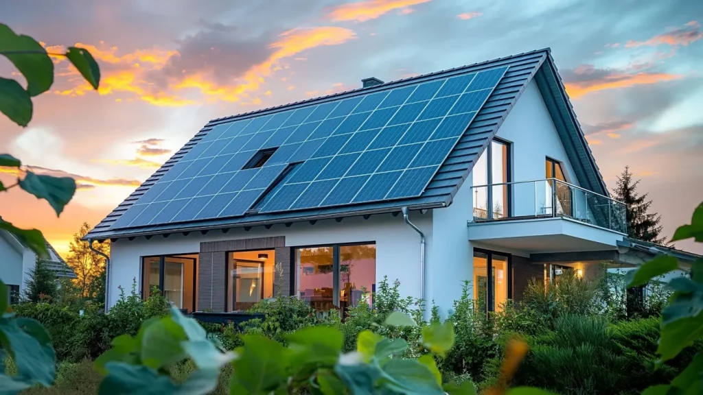 Wohnhaus vom Garten aus gesehen mit Photovoltaikanlage auf dem Dach und stimmungsvoller Innenbeleuchtung. Im Hintergrund geht die Sonne auf bzw. unter. Das Bild symbolisiert moderne Smart-Home-Systeme, die Neubauten und Bestandsimmobilien effizient vernetzen, Energie sparen und Wohnkomfort erhöhen – von Beleuchtung und Klimasteuerung bis zu Sicherheit und Energie-Management.