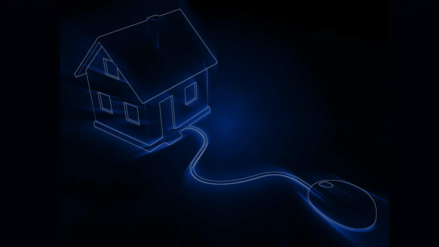 Abstrakte Grafik mit einem Haus, das durch Lichtstreifen mit einer Computermaus verbunden ist. Das Motiv steht für die einfache, intuitive Steuerung von Smart-Home-Systemen und symbolisiert, wie Technologie Wohnkomfort, Sicherheit und Energieeffizienz auf Knopfdruck erlebbar macht. Ideal für Slider-Elemente auf Smart-Home-Websites.