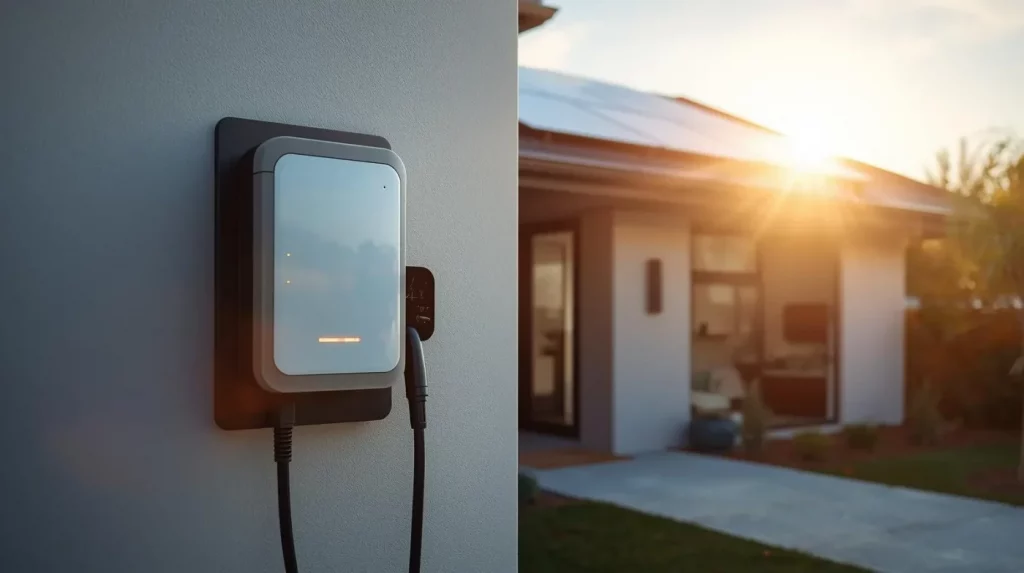 Moderne Wallbox zur komfortablen und sicheren Ladung von Elektrofahrzeugen an einem Wohnhaus in Lübeck. Im Hintergrund ist eine Photovoltaikanlage zu sehen, in der sich die Nachmittagssonne spiegelt – ein Symbol für nachhaltige Energie, Smart-Home-Technik und zukunftssichere Elektroinstallationen aus einer Hand.