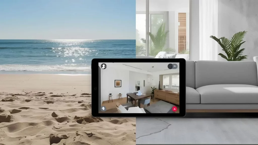 Zweigeteiltes Motiv mit Strand und Meer auf der linken Seite und einem Wohnbereich auf der rechten Seite. In der Mitte symbolisiert eine Videokamera die smarte Videoüberwachung, die jederzeit und von überall Zugriff auf das eigene Zuhause ermöglicht. Das Bild steht für moderne Smart-Home-Sicherheitslösungen, die auch während des Urlaubs für ein sicheres Gefühl sorgen.