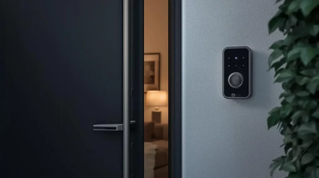 Moderner Hauseingangsbereich mit geschlossener Eingangstür und einem Bedienfeld für smarte Zugangskontrolle an der Wand. Das System ermöglicht einen sicheren und komfortablen Zutritt per Code, Chip oder App und ist ein zentraler Bestandteil moderner Smart-Home- und Sicherheitslösungen im privaten Wohnbereich.