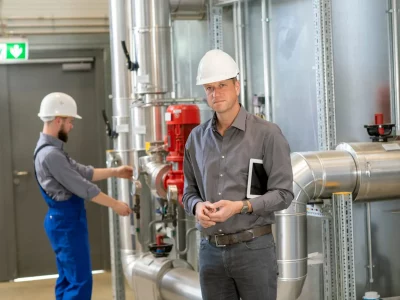 Ein Elektrotechnik-Meister steht mit seinem Tablet und schaut in die Kamera während sein Technikner im Hintergrund die Anlage wartet