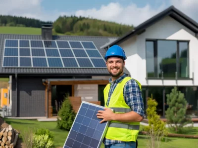 Modernes Haus mit Solaranlage und gepflegtem Garten