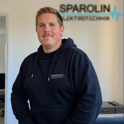 Der Geschäftsführer von Sparolin Elektrotechnik, Yannick Möller, lächelt in die Kamera und steht vor einer Wand mit Firmenlogo.